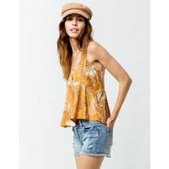 O'NEILL Madison Top Gold Floral Crop Cami Tank Size Large L FEMININE BEACH VACAY - Picture 6 of 6